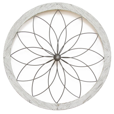 Stratton Home Decor Metal and Wood Art Deco Flower Wall Decor, Distressed White