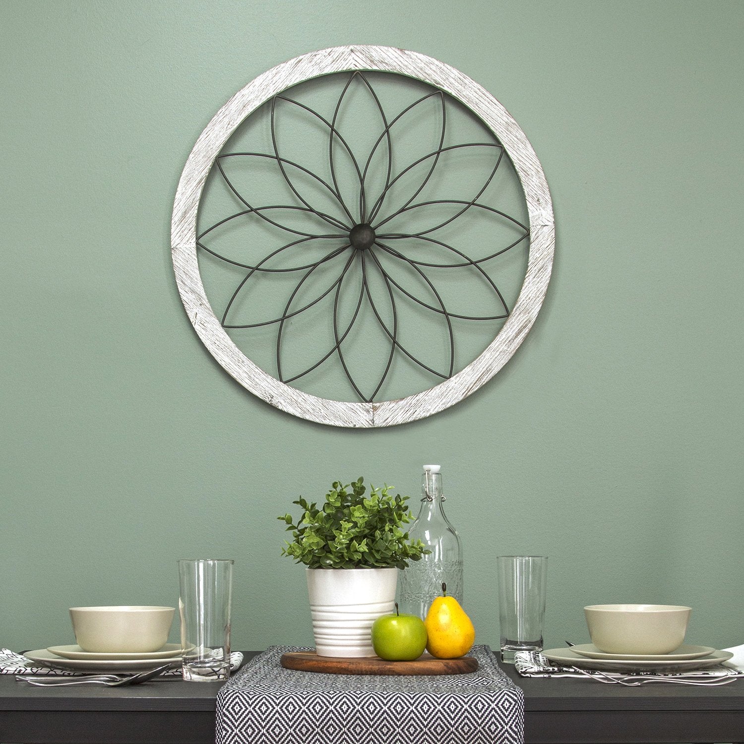 Stratton Home Decor Metal and Wood Art Deco Flower Wall Decor, Distressed White