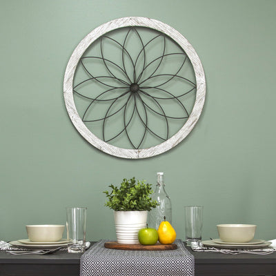 Stratton Home Decor Metal and Wood Art Deco Flower Wall Decor, Distressed White