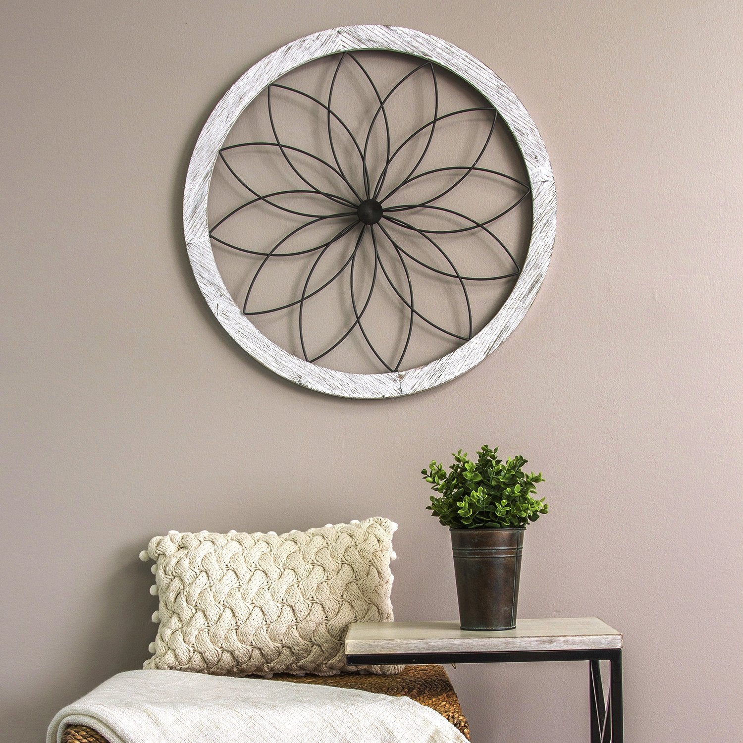 Stratton Home Decor Metal and Wood Art Deco Flower Wall Decor, Distressed White