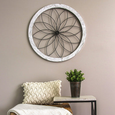 Stratton Home Decor Metal and Wood Art Deco Flower Wall Decor, Distressed White