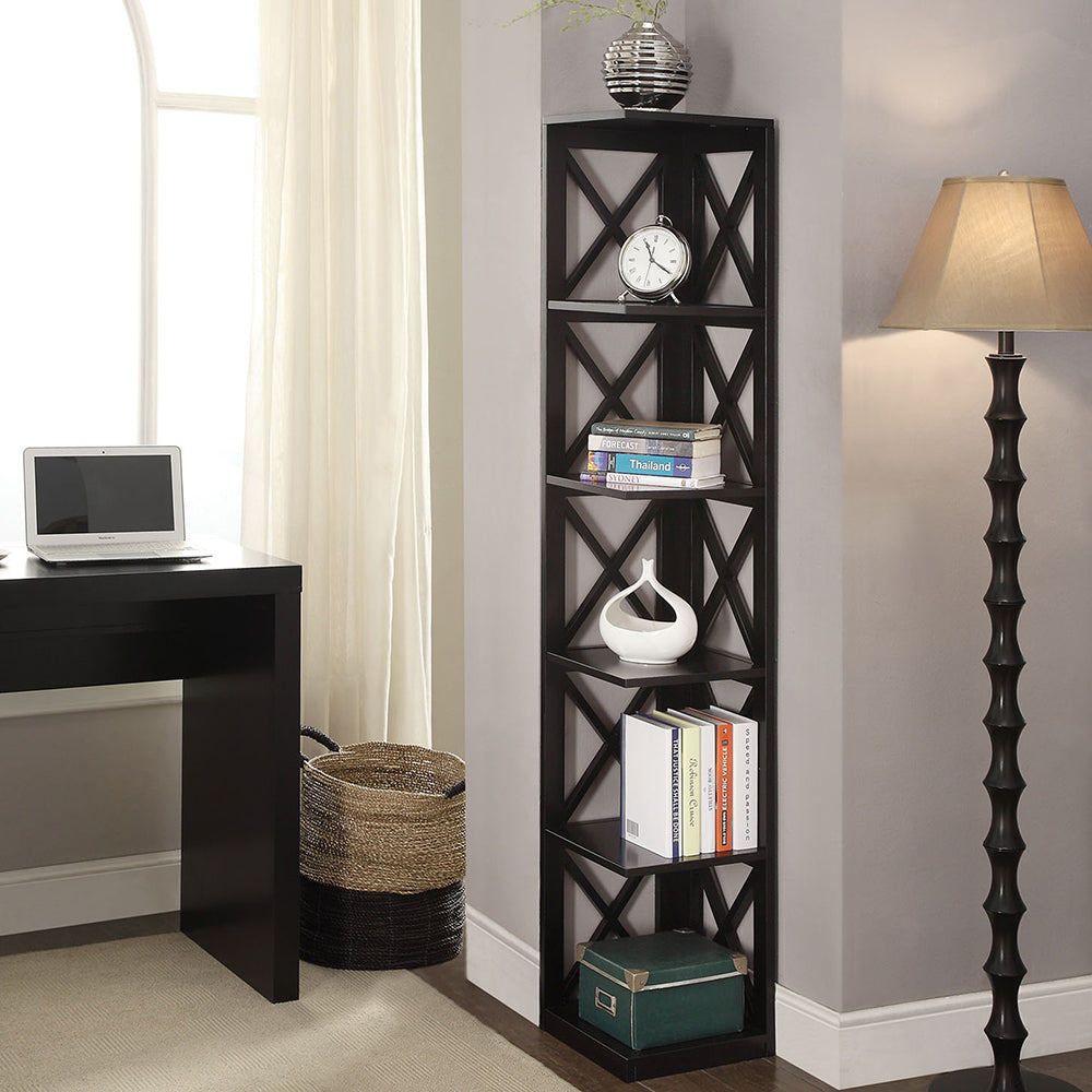 Convenience Concepts 5 Tier Shelf X Frame Home Corner Bookcase, Black (Open Box)