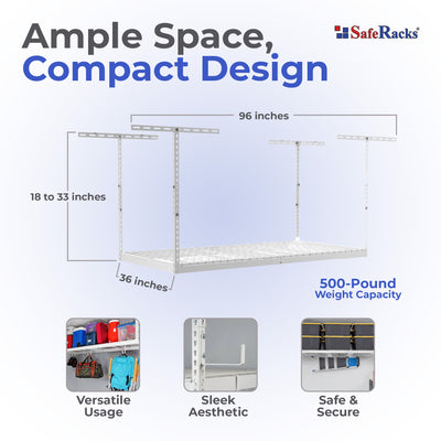 MonsterRax 3' x 8' Overhead Garage Storage Rack Holds 450 lbs, White (Open Box) - VMInnovations