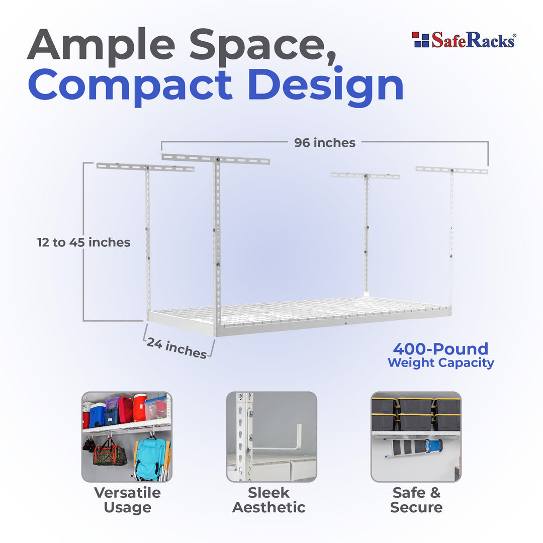 SafeRacks 2' x 8' Overhead Garage Storage Rack Up to 400 Pounds, White(Open Box)