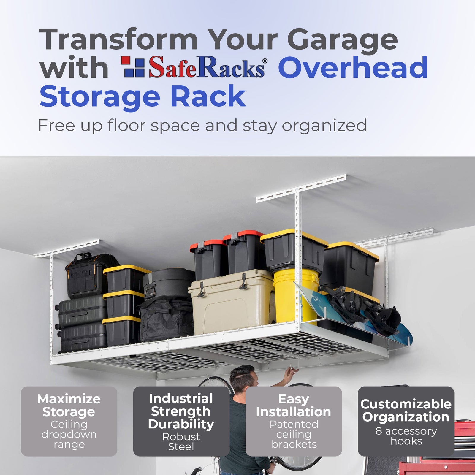 MonsterRax 3' x 8' Overhead Garage Storage Rack Holds 450 lbs, White (Open Box) - VMInnovations
