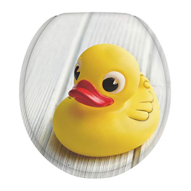 Adjustable Molded Wood Round Soft Close Lid Toilet Seat, Rubber Duck (Used)