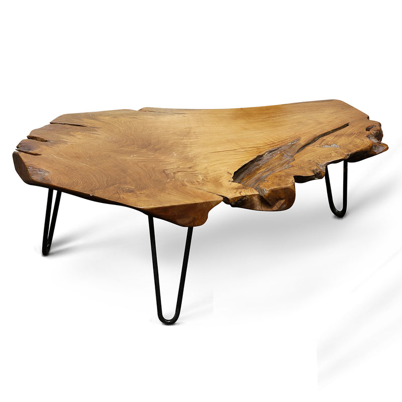 Natural Wood Edge Teak Coffee Cocktail Table with Clear Lacquer Finish (Used)