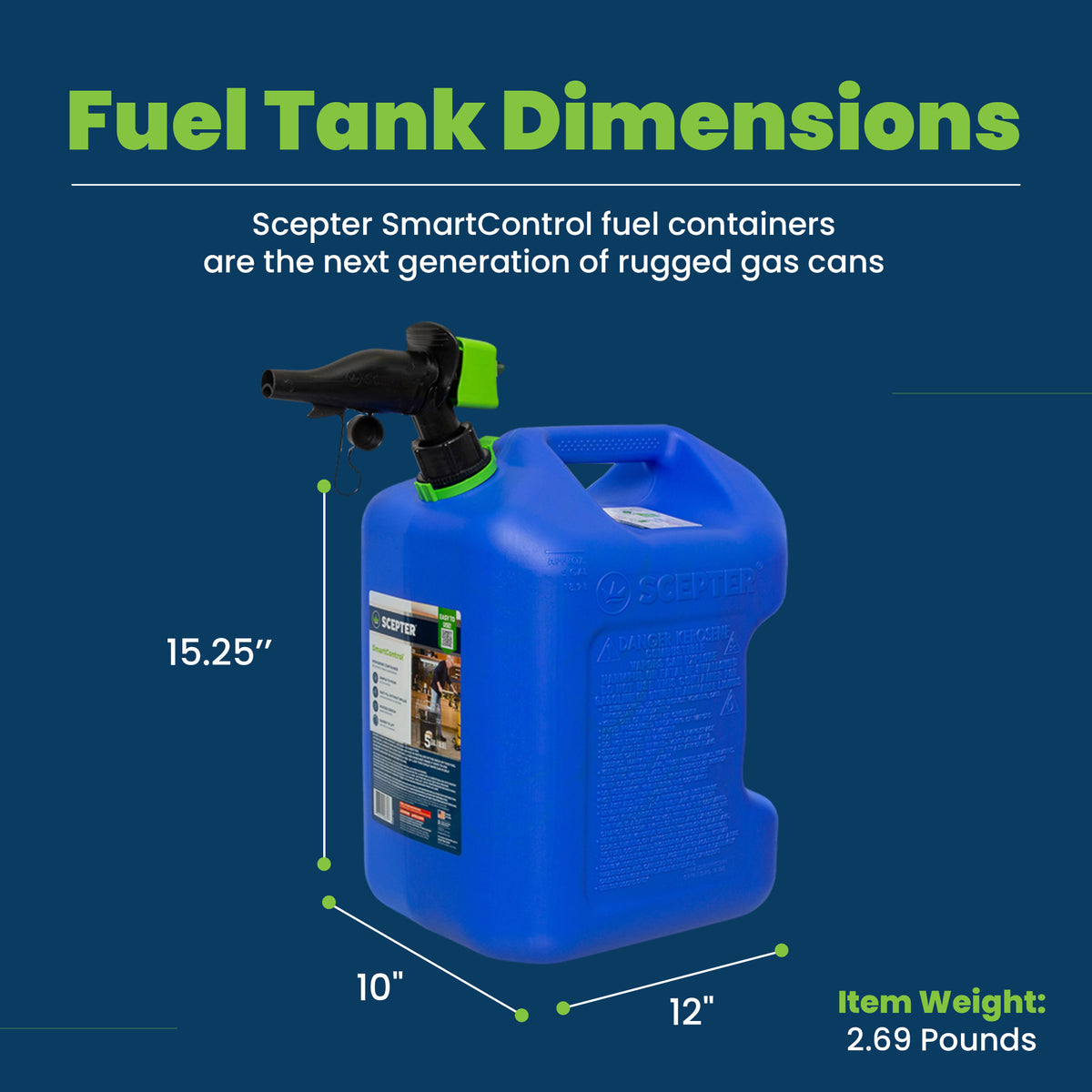 Scepter SmartControl Dual Handle Kerosene Can Container Jug, 5 Gal/18.9L, Blue
