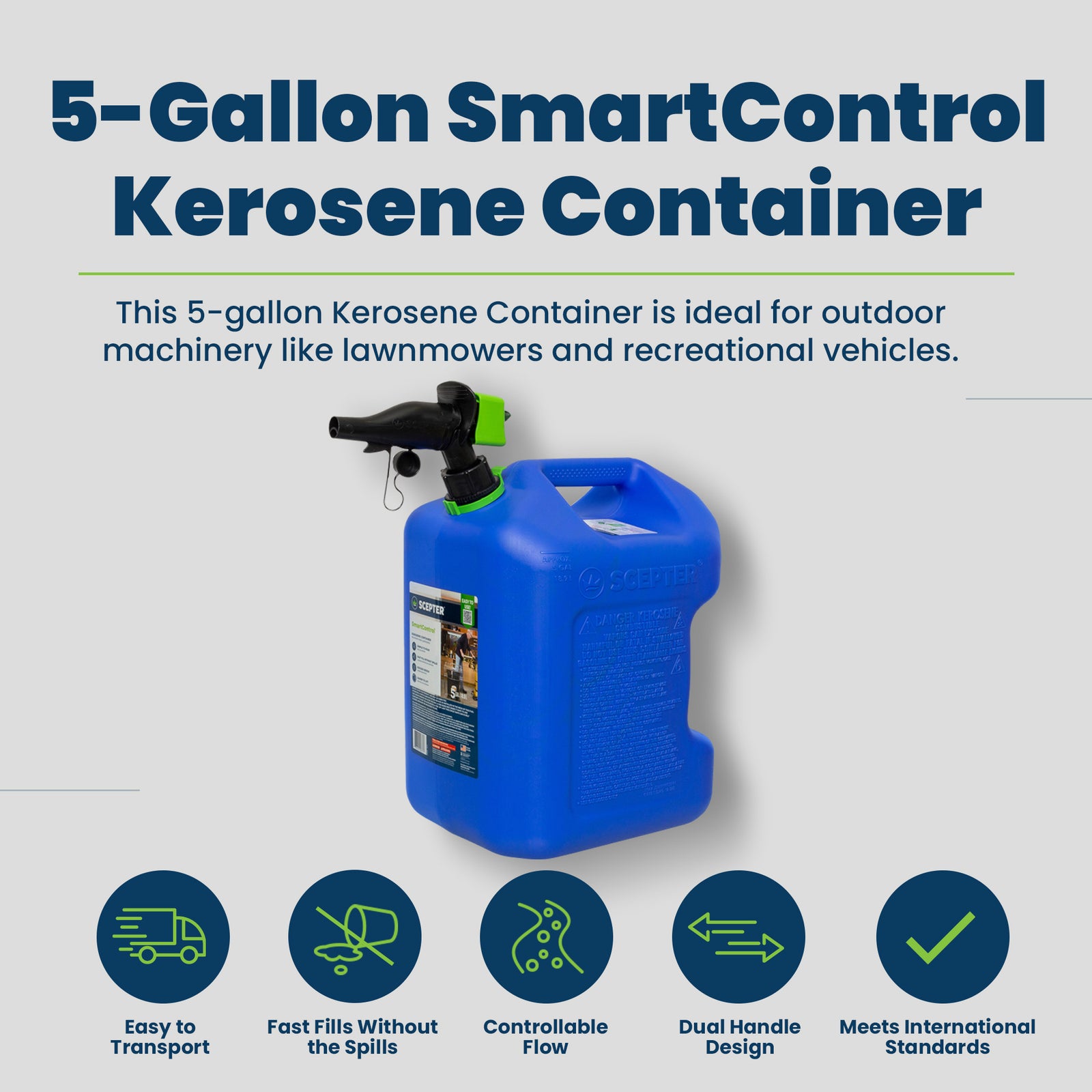 Scepter SmartControl Dual Handle Kerosene Can Container Jug, 5 Gal/18.9L, Blue - VMInnovations