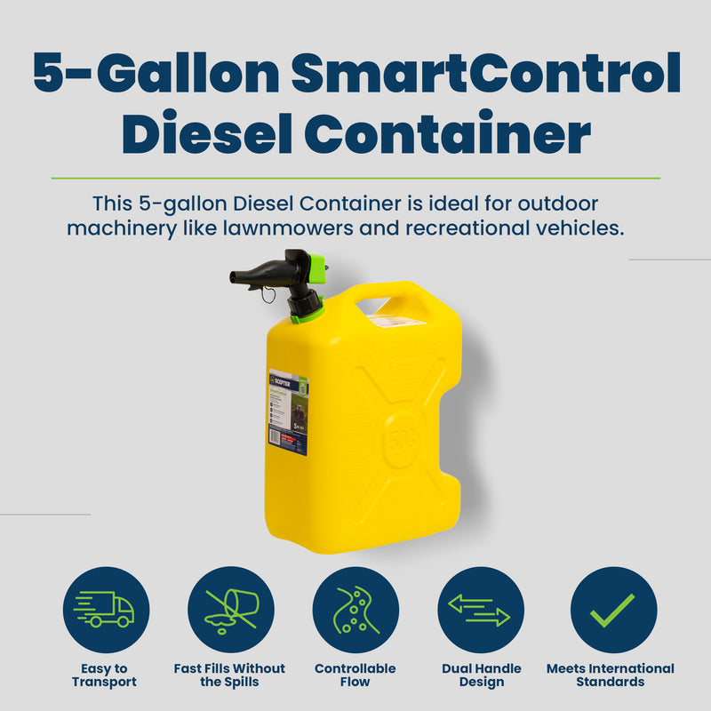 Scepter SmartControl Dual Handle Diesel Gas Container Jug, 5 Gal/18.9L, Yellow