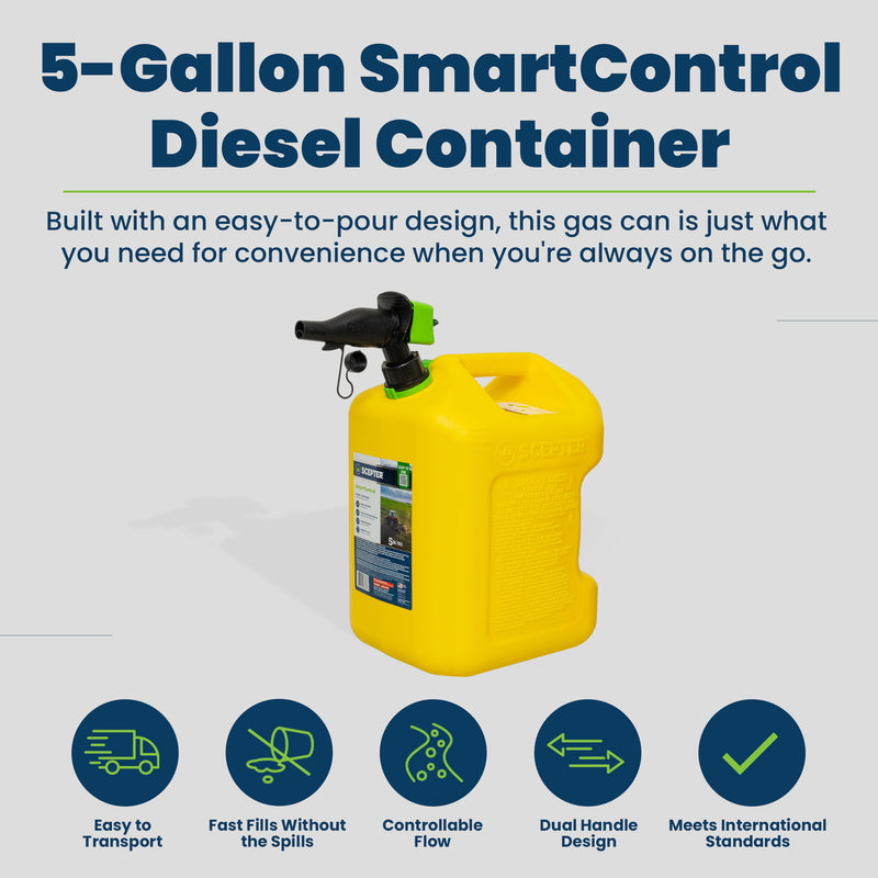 Scepter SmartControl Rear Handle Diesel Gas Container Jug, 5 Gal/18.9L, Yellow