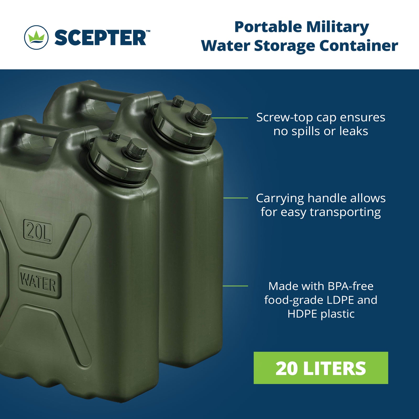 Scepter BPA Durable 5 Gallon Portable Water Storage Container, Green (2 Pack) - VMInnovations
