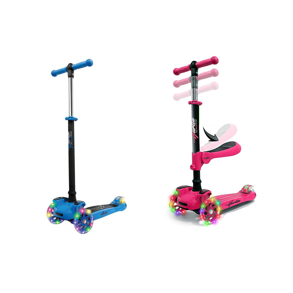 Hurtle ScootKid 3 Wheel Toddler Ride On Toy Scooter, Blue and Pink (2 Pack)