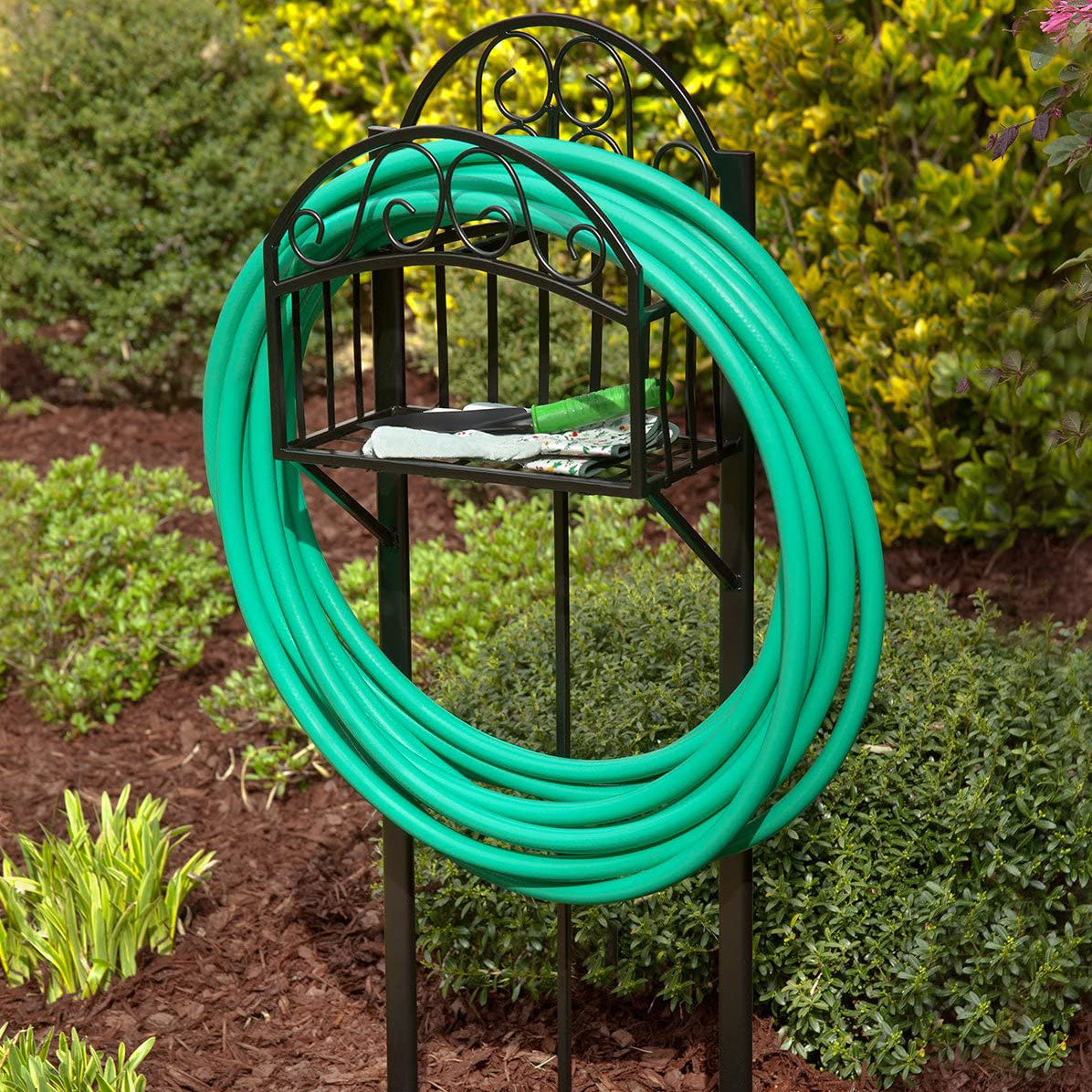 Liberty Garden 5-Prong Gauge Steel Scroll Water Hose Stand w/ Shelf (Open Box) - VMInnovations