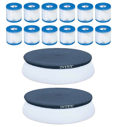 Intex Filter Cartridge for Pools (12 Pack) w/ Intex 10' Pool Cover (2 Pack)