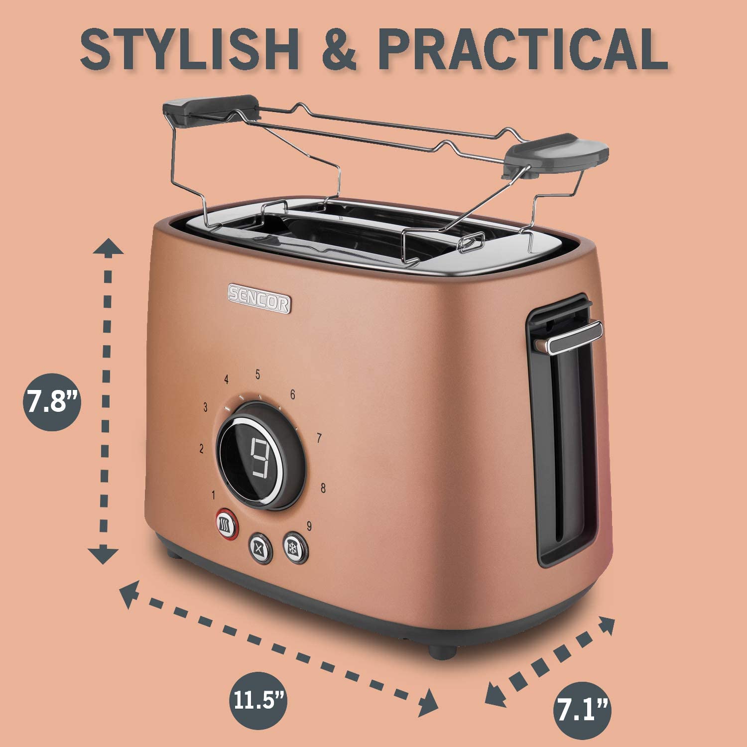 Sencor STS 6056GD Electric Wide 2 Slice High Lift Toaster with Rack, Rose Gold