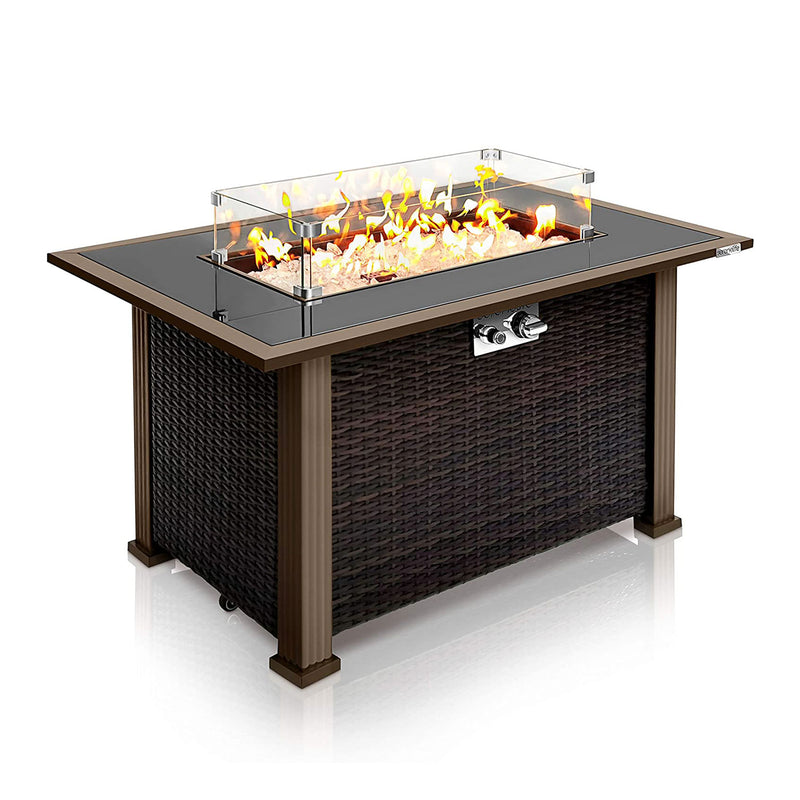 Serenelife Outdoor Rattan Patio Propane Fire Pit Table w/Glass Guard (Open Box)