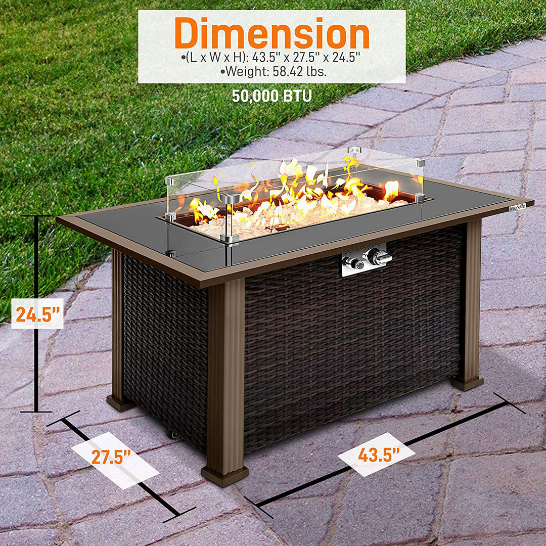 Serenelife Outdoor Rattan Patio Propane Fire Pit Table with Glass Guard, Black