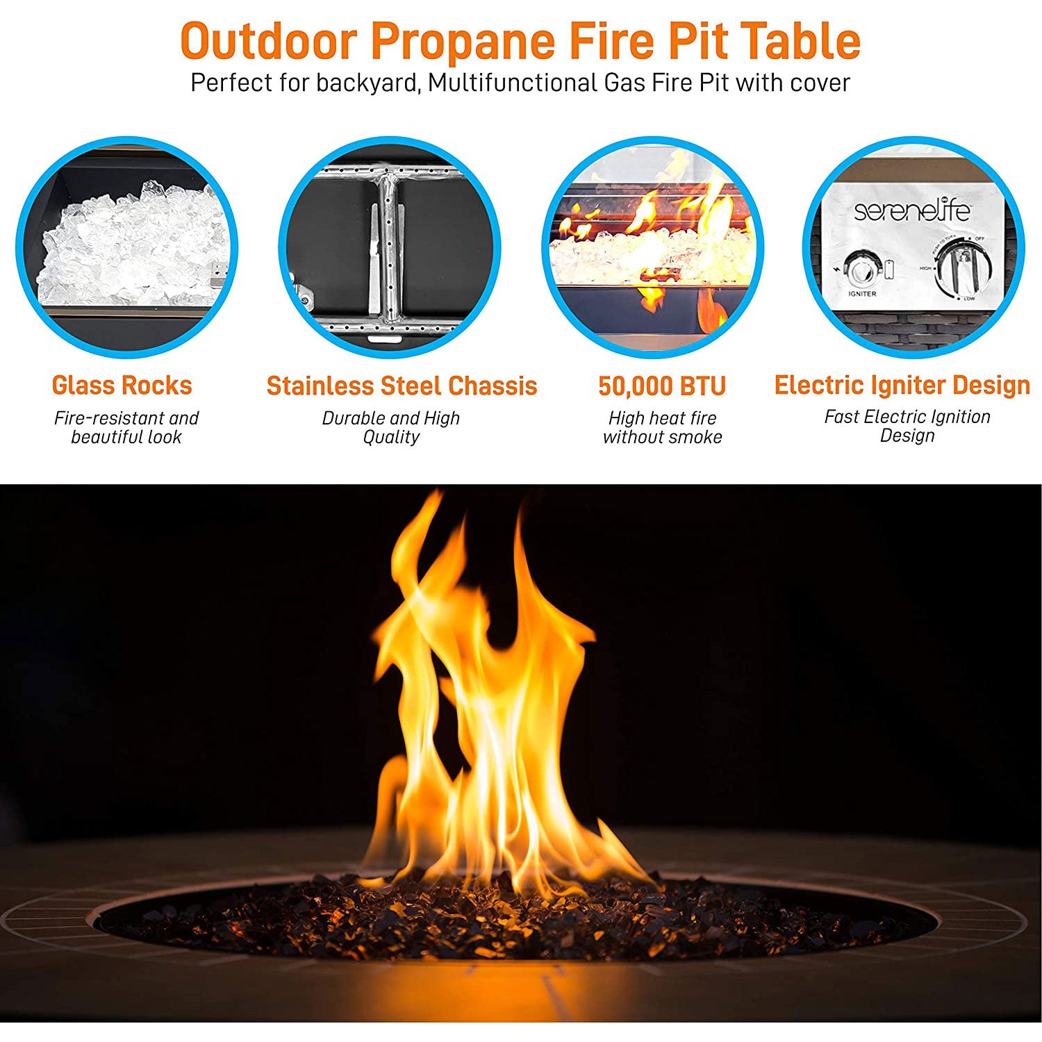 Serenelife Outdoor Rattan Patio Propane Fire Pit Table w/Glass Guard (Open Box) - VMInnovations