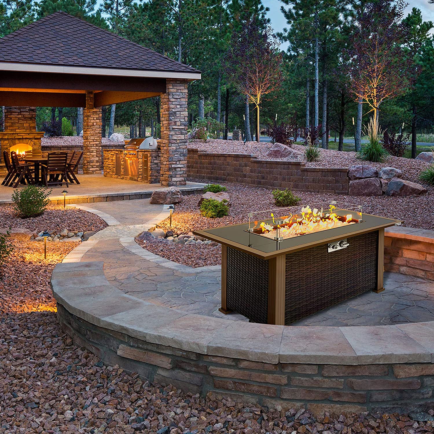Serenelife Outdoor Rattan Patio Propane Fire Pit Table w/Glass Guard (Open Box) - VMInnovations
