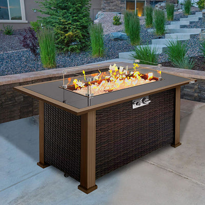 Serenelife Outdoor Rattan Patio Propane Fire Pit Table w/Glass Guard (Open Box)