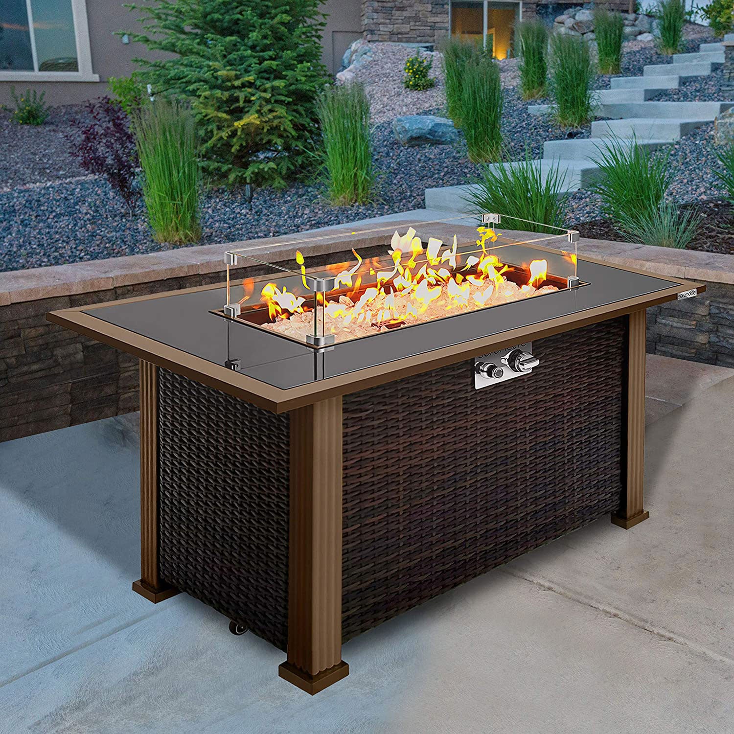 Serenelife Outdoor Rattan Patio Propane Fire Pit Table w/Glass Guard (Open Box) - VMInnovations