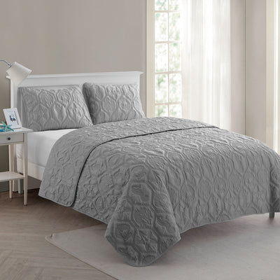 VCNY Home Shore Gray 3 Piece Bed Quilt and 2 Pillow Shams Set, King (Open Box)