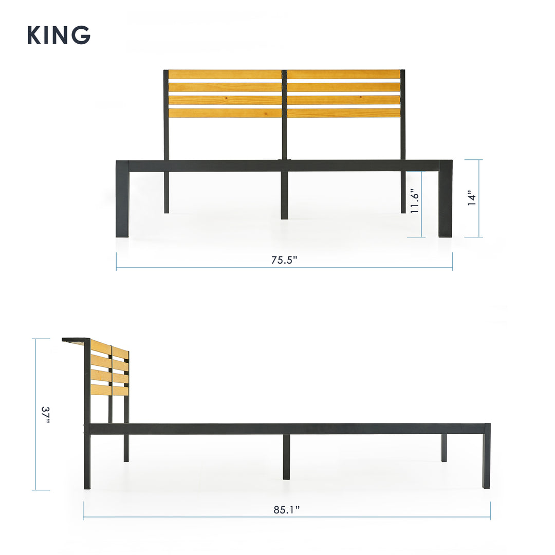 Mellow KASI Metal & Wood Platform Bed Frame with Built-In Headboard Shelf, Queen