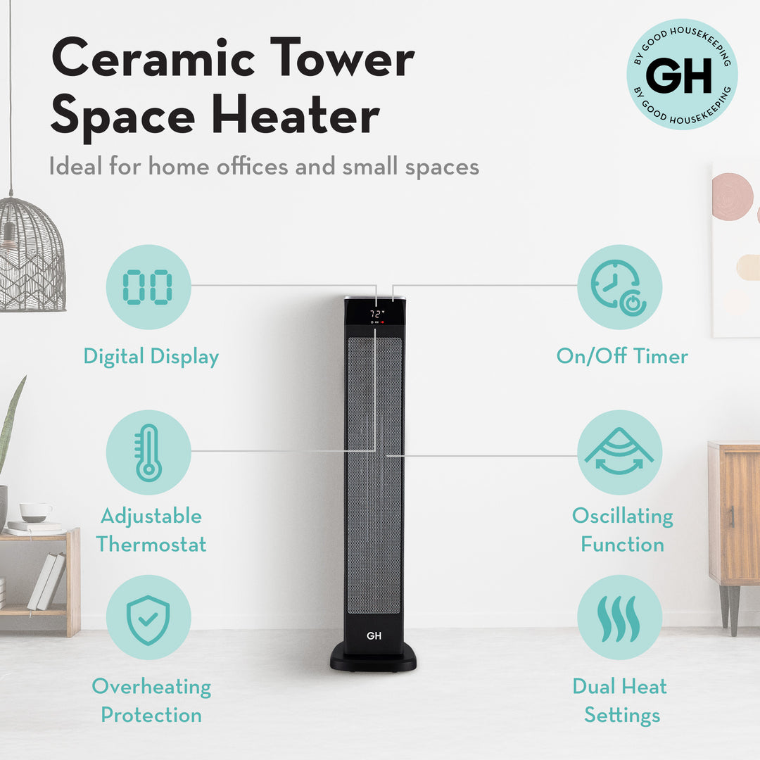 Good Housekeeping 30" Ceramic Tower Space Heater with Remote, Oscillating, Black