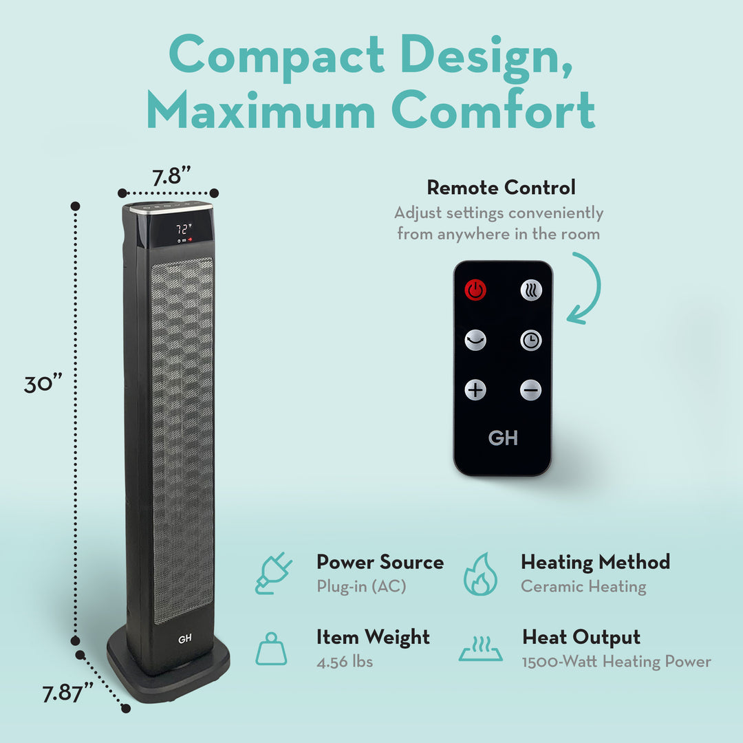 Good Housekeeping 30" Tower Space Heater w/Remote, Oscillating, Black (Open Box)