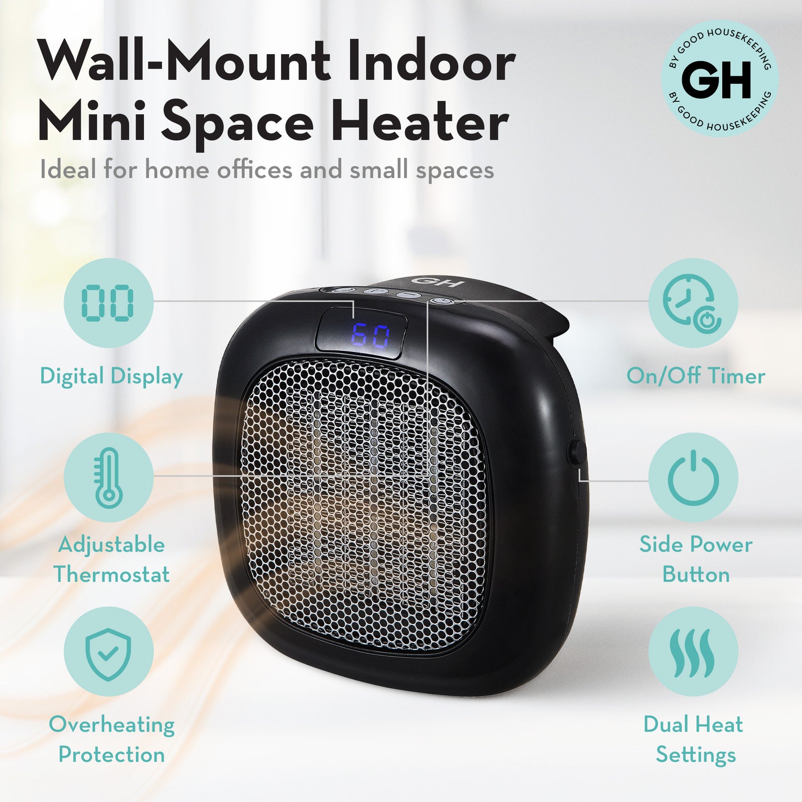 Good Housekeeping Wall-Mount Indoor Mini Space Heater w/ Thermostat, 750W, Black - VMInnovations
