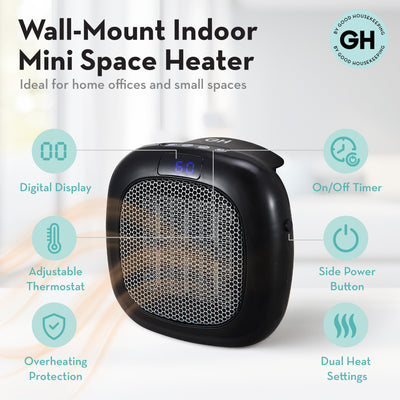 Good Housekeeping Wall-Mount Indoor Mini Space Heater w/ Thermostat, 750W, Black - VMInnovations