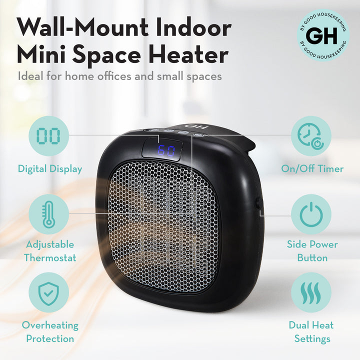 Good Housekeeping Wall-Mount Indoor Space Heater w/Thermostat, 750W, Black(Used)