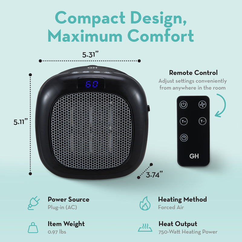 Good Housekeeping Wall-Mount Indoor Mini Space Heater w/ Thermostat, 750W, Black