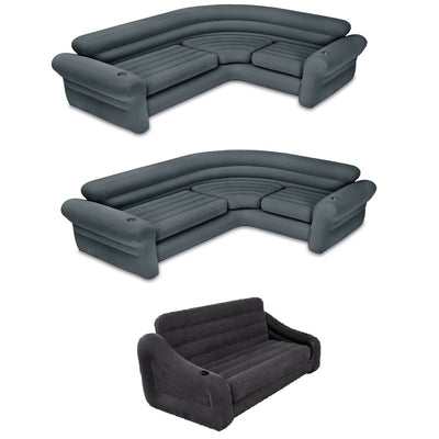 Intex Inflatable Indoor Corner Couch Sectional (2 Pack) w/ Queen Futon Sofa Bed