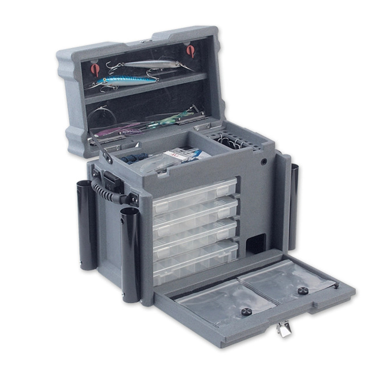 SKB Medium Tackle Box, 4 Storage Boxes with Dividers and Padlockable Latch, Gray - VMInnovations