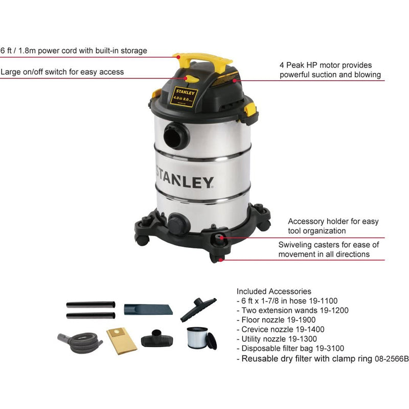 Stanley Stainless Steel 8 Gallon Wet Dry Floor Vacuum & Blower (Open Box)