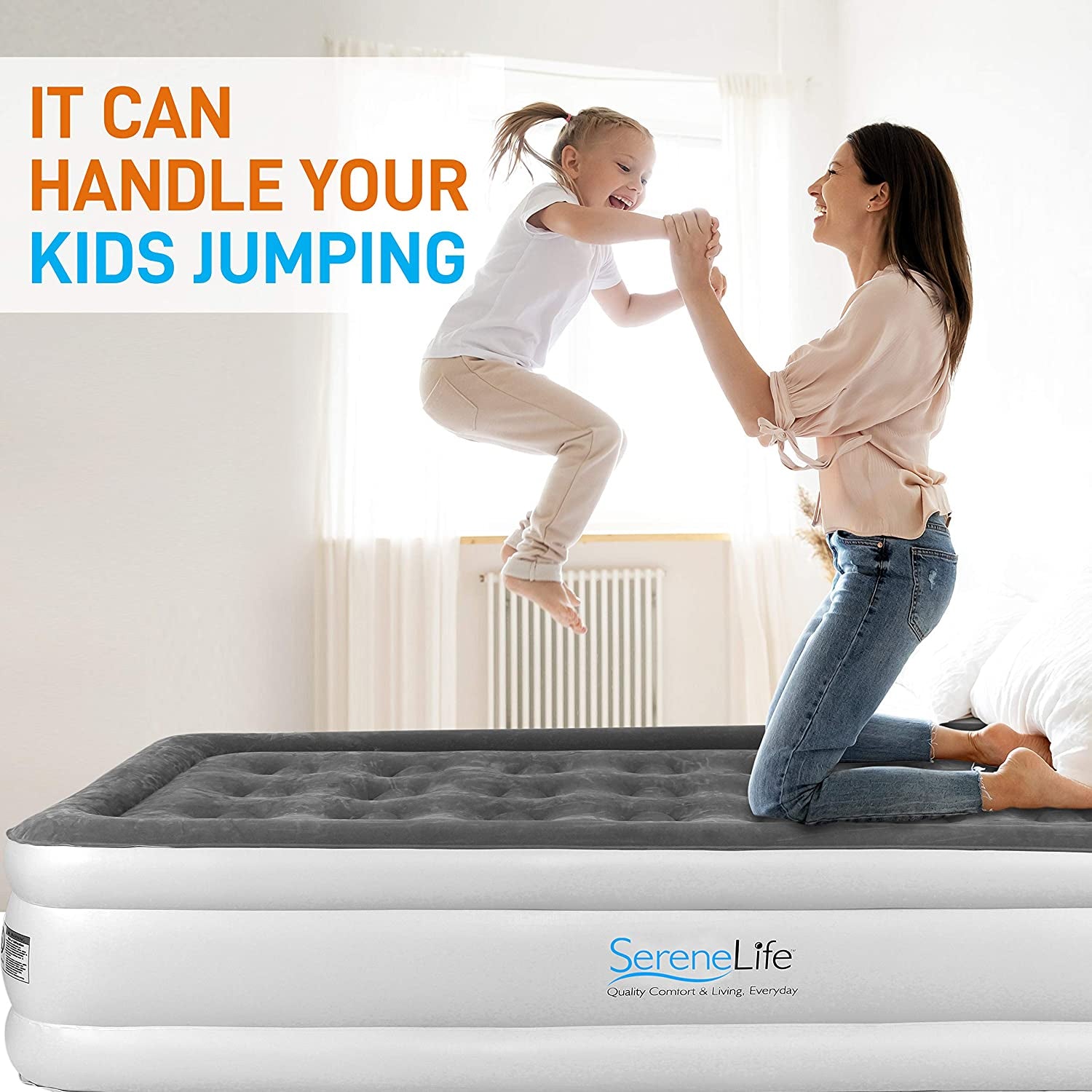 SereneLife Twin Inflatable Premium Airbed Flocked Mattress Internal Pump(2 Pack)