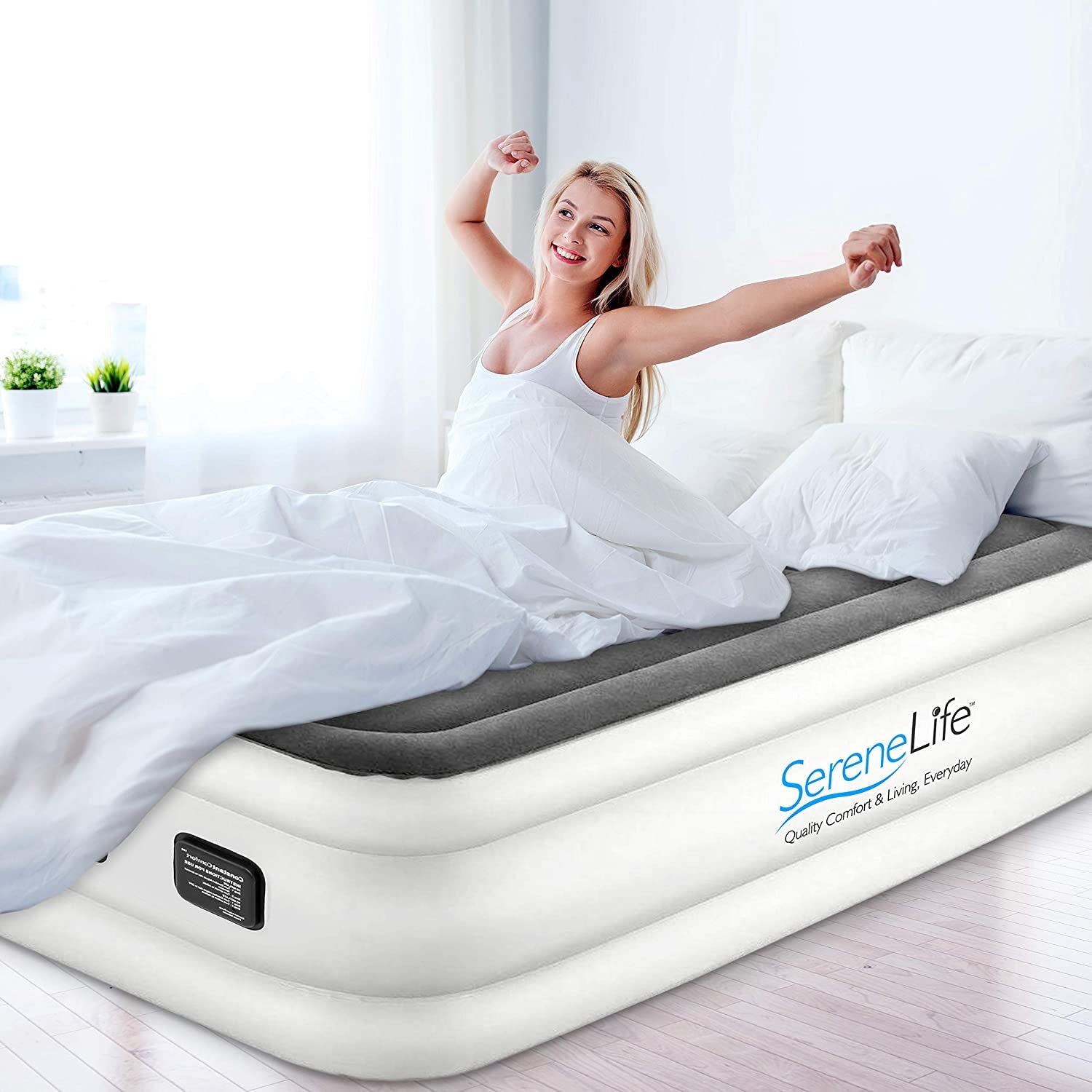 SereneLife Twin Size Inflatable Premium Airbed Flocked Mattress w/ Internal Pump
