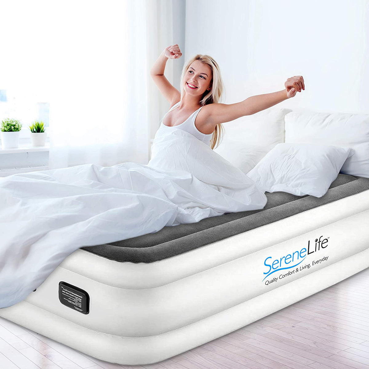 SereneLife Twin Size Inflatable Premium Airbed Flocked Mattress w/ Internal Pump
