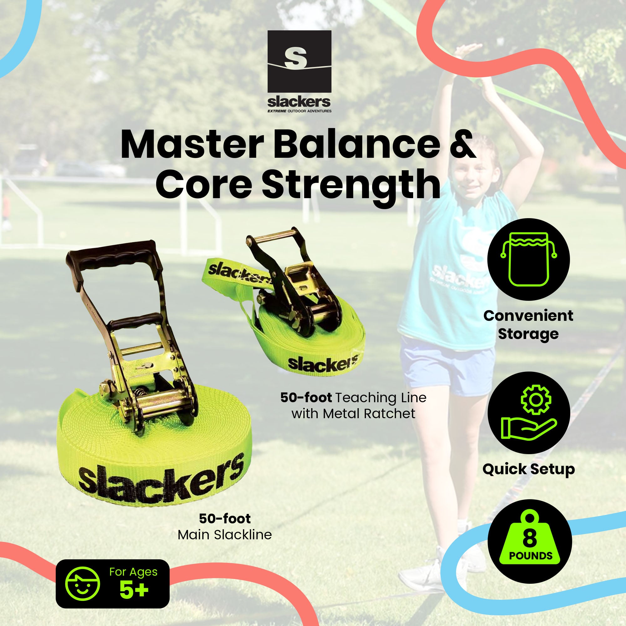 Slackers Easy Setup Slackline Classic Set with Bonus Teaching Line, 50 Ft, Green