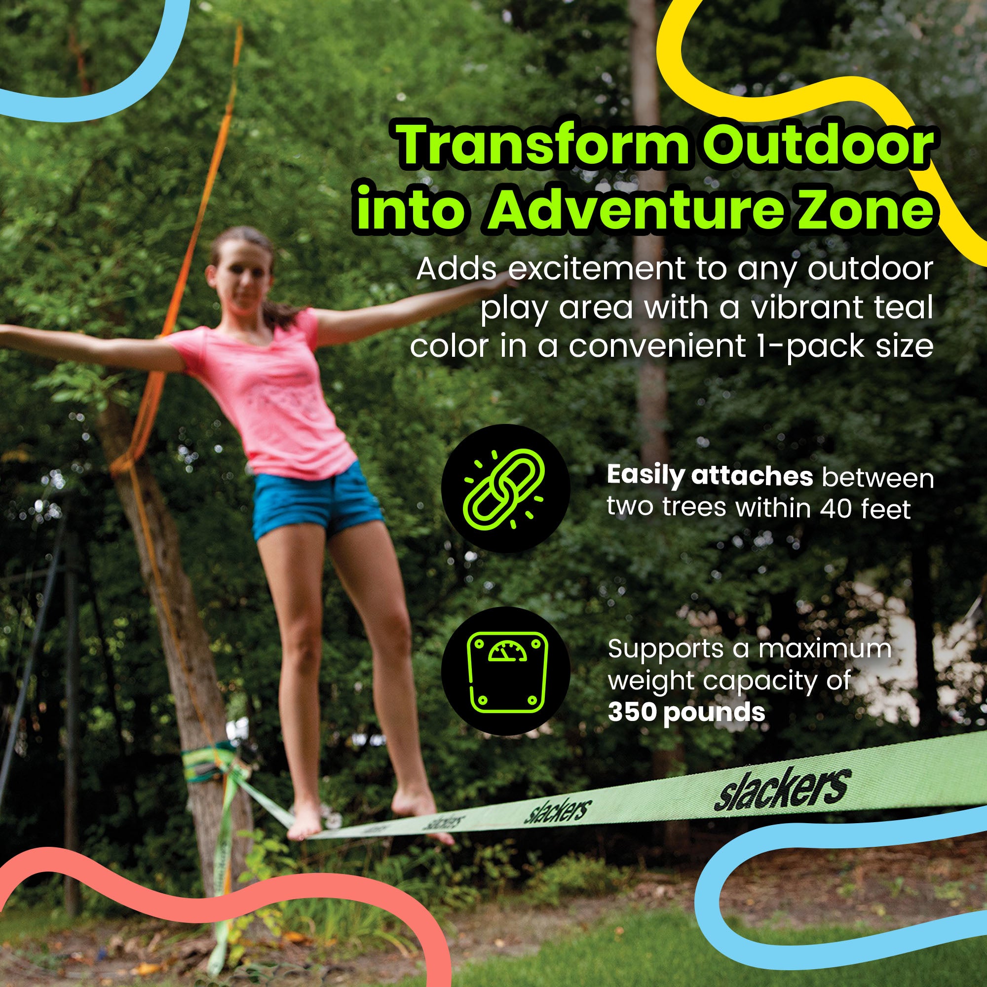 Slackers Easy Setup Slackline Classic Set with Bonus Teaching Line, 50 Ft, Green