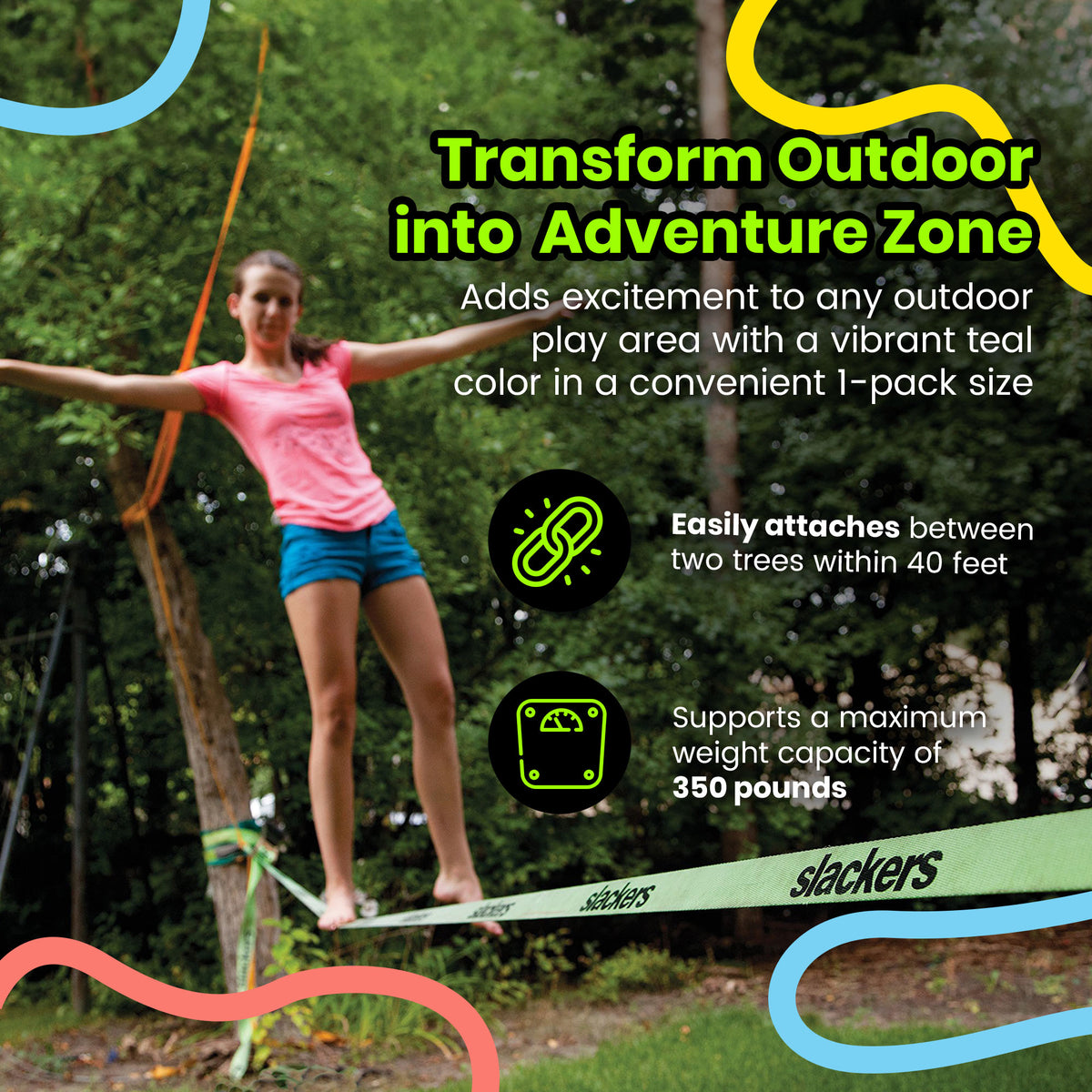 Slackers Easy Setup Slackline Classic Set with Bonus Teaching Line, 50 Ft, Green