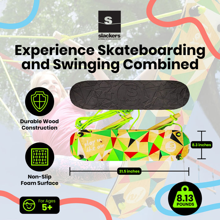 Slackers Skate Swing with Wooden Skateboard Like Base and Non Slip Foam Top