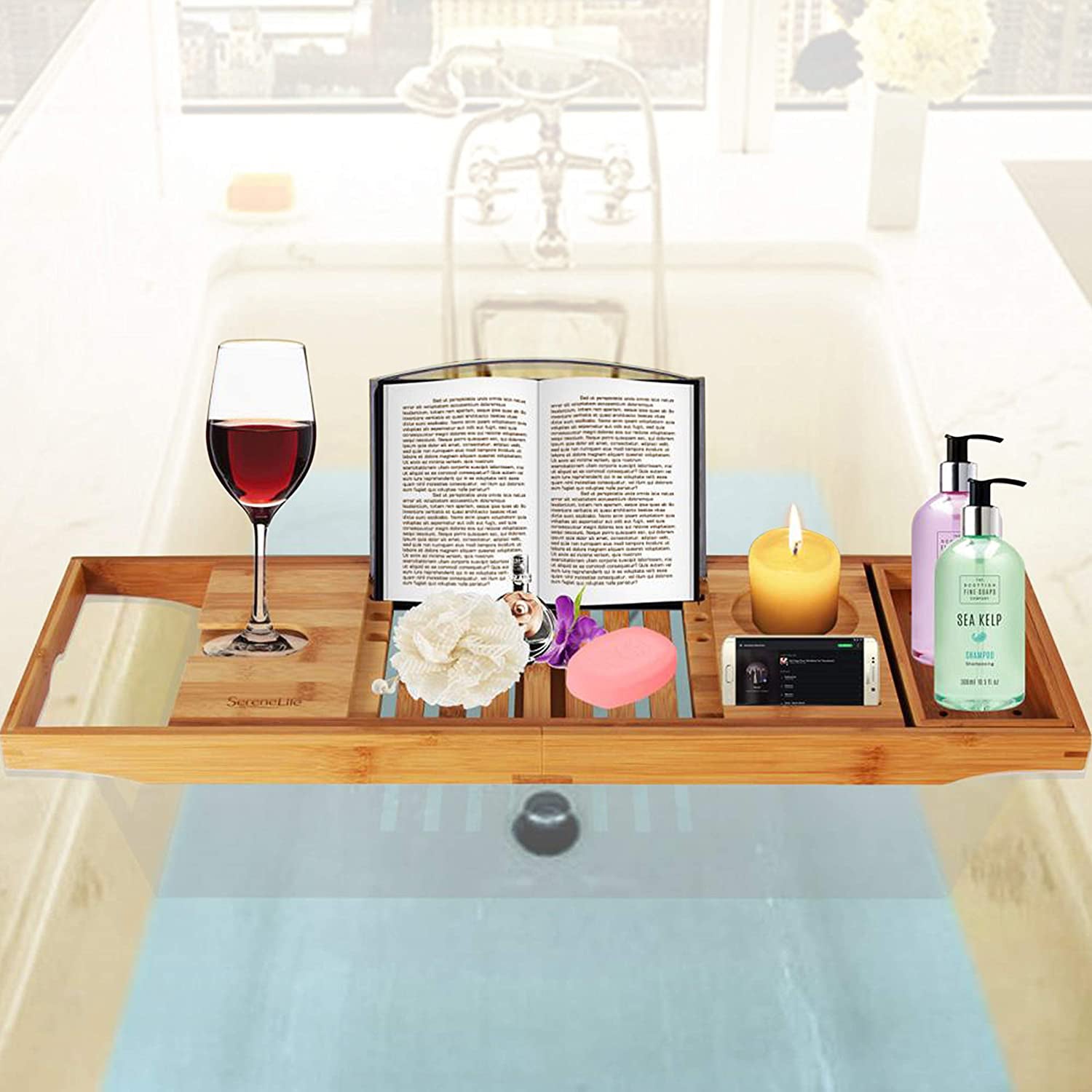 SereneLife Luxury Bathtub Shower Caddy Tray Organizer with Wine Holder(Open Box) - VMInnovations