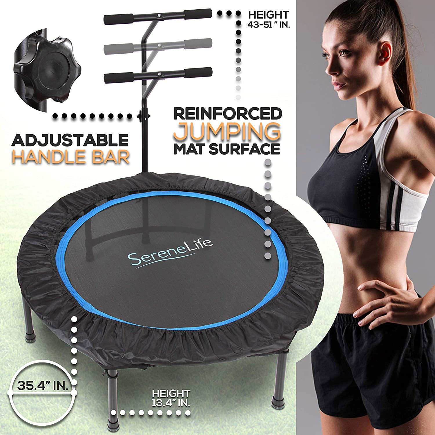 SereneLife 40 Inch Fitness Cardio Sports Trampoline with Handrail (Open Box) - VMInnovations