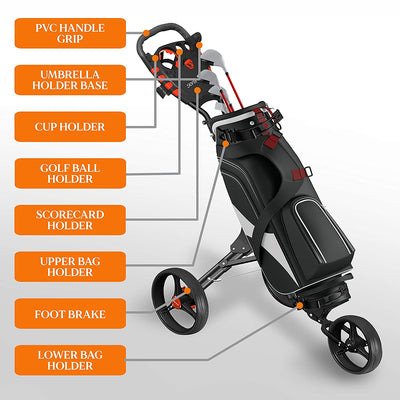 SereneLife 3 Wheel Folding Golf Bag Push Cart Holder with Cup Holder (4 Pack)
