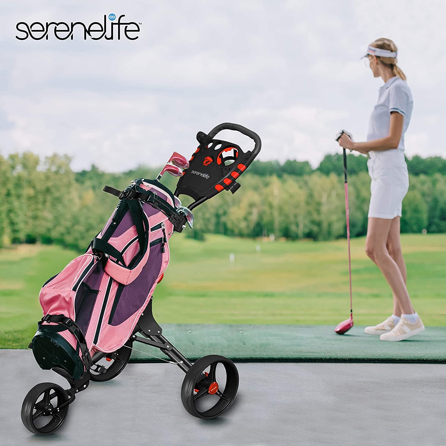 SereneLife 3 Wheel Folding Golf Bag Push Cart Holder with Cup Holder (4 Pack)
