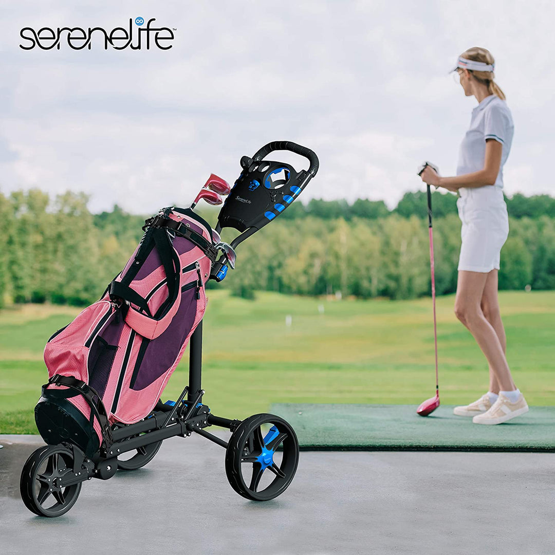 SereneLife 3 Wheel Walking Golf Bag Push Cart Holder w/ Elastic Strap (Open Box)