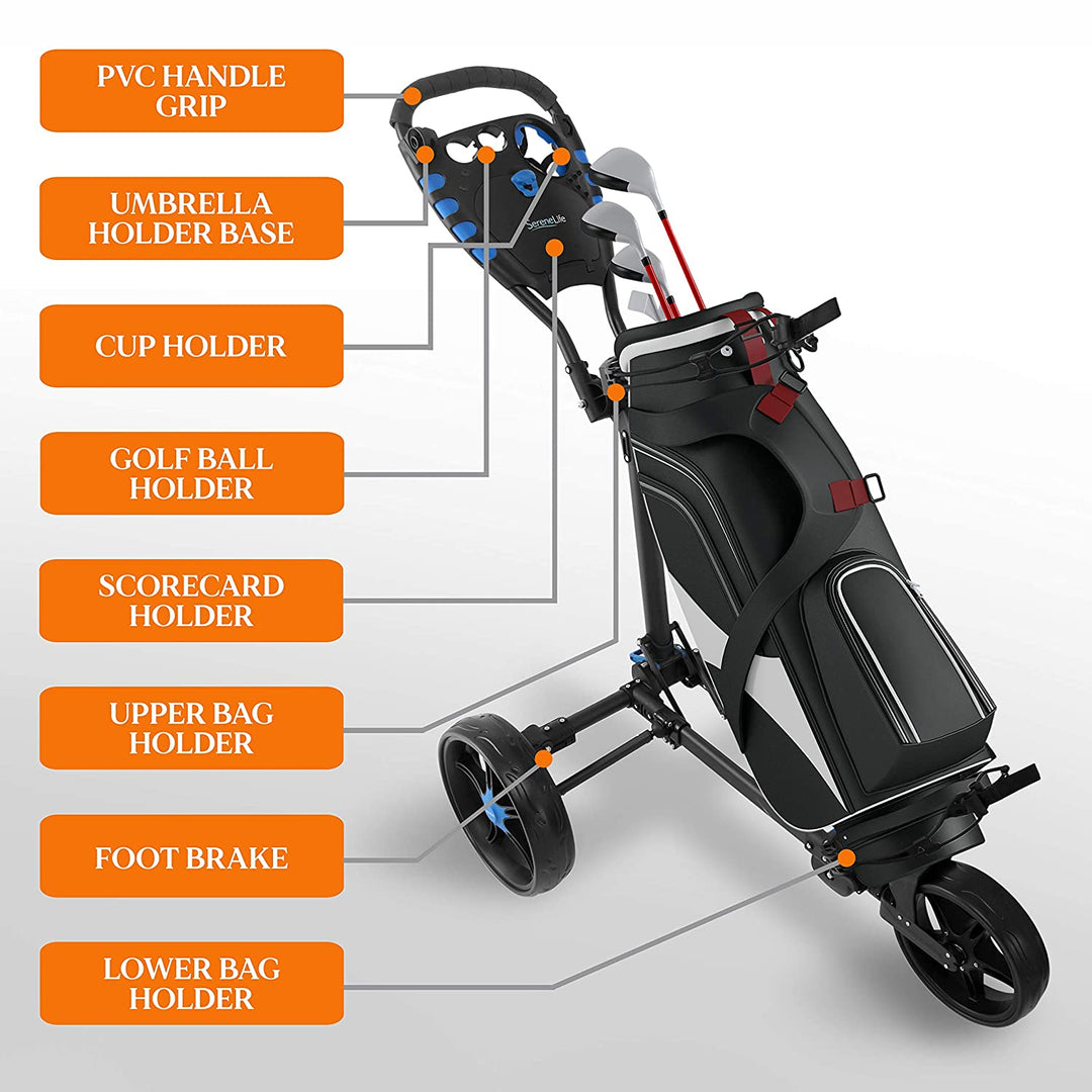 SereneLife 3 Wheel Walking Golf Bag Push Cart Holder w/ Elastic Strap (Open Box)